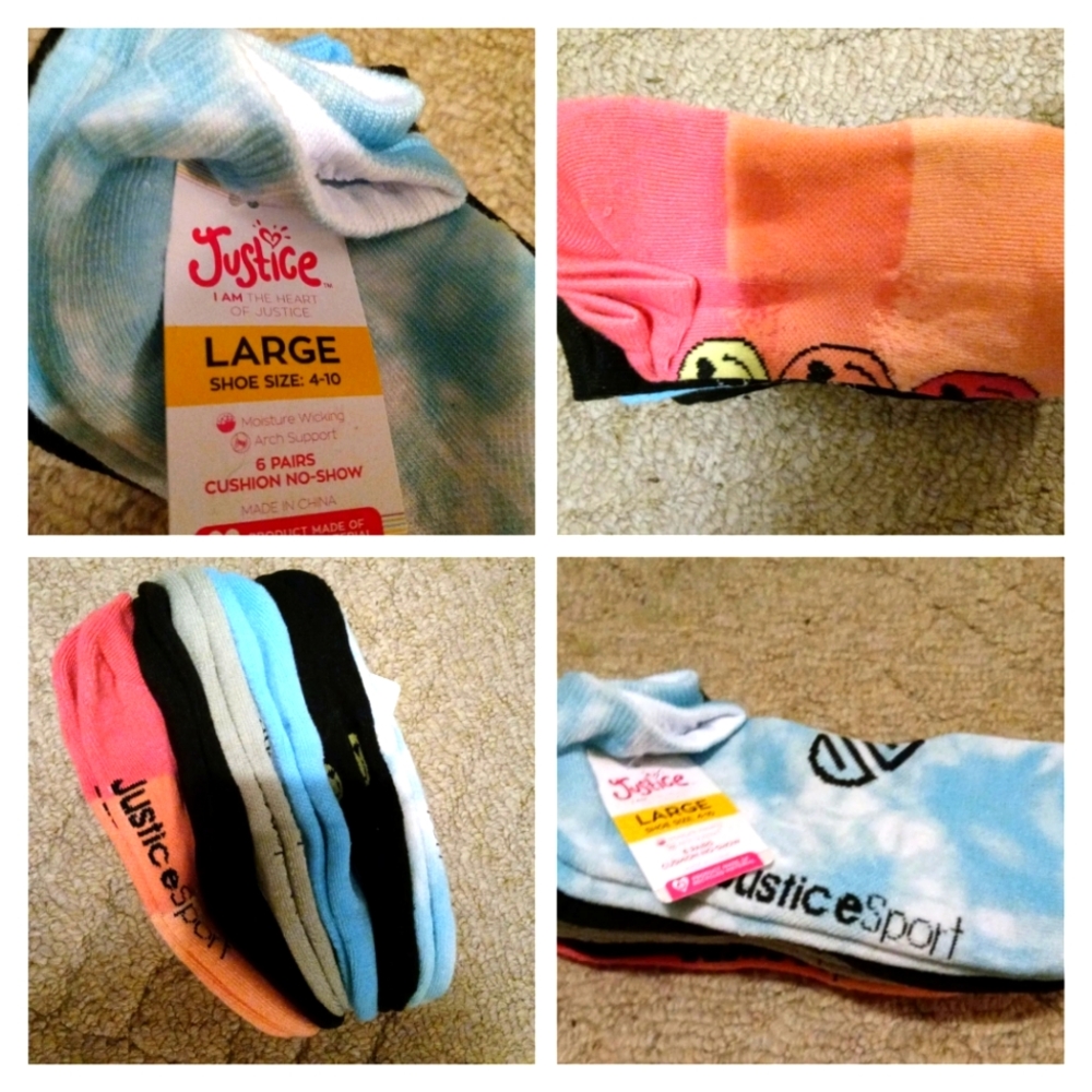 Justice Girls 6 Pairs No Show Socks LARGE Shoe Size 4-10 Variety Pack
